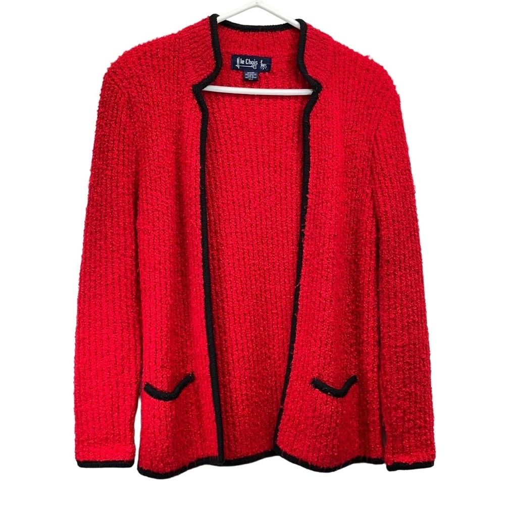 Vintage Le Chois Women's  Red Open Front Acrylic Textured Knit Cardigan‎ Small